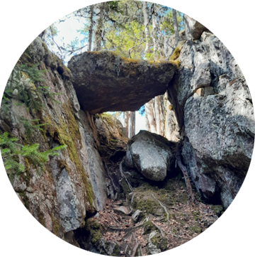 Kahden kallionseinämän väliin kiilautunut kivenlohkare, joka muodostaa portin. Ympärillä metsää.